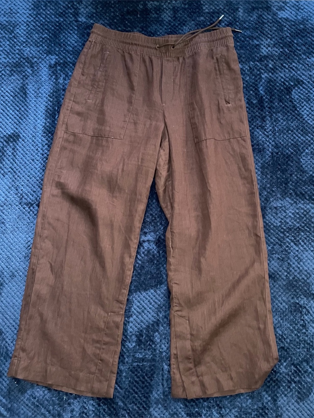 Athleta Chocolate Brown Retreat Wide Leg High Rise Linen Pant with Drawstring